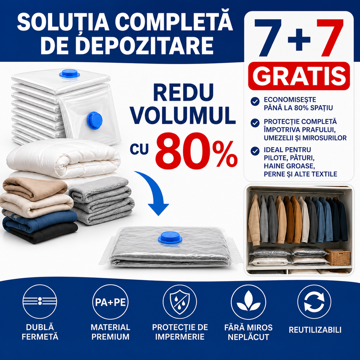 Saci de Vidat MARI – Pilote, Pături, Geci și Haine Voluminoase (Set 7+7 GRATIS)