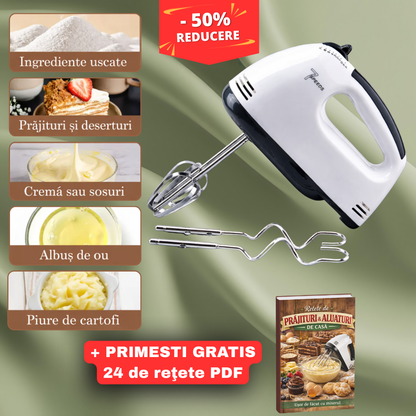 Mixer de Mână cu 7 Viteze, Funcție Turbo + Accesorii pentru Frământare
